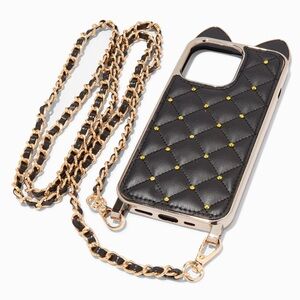 NEW Claire's Black Cat Quilted Phone Case with Lanyard for iPhone‎ 13 Pro Max